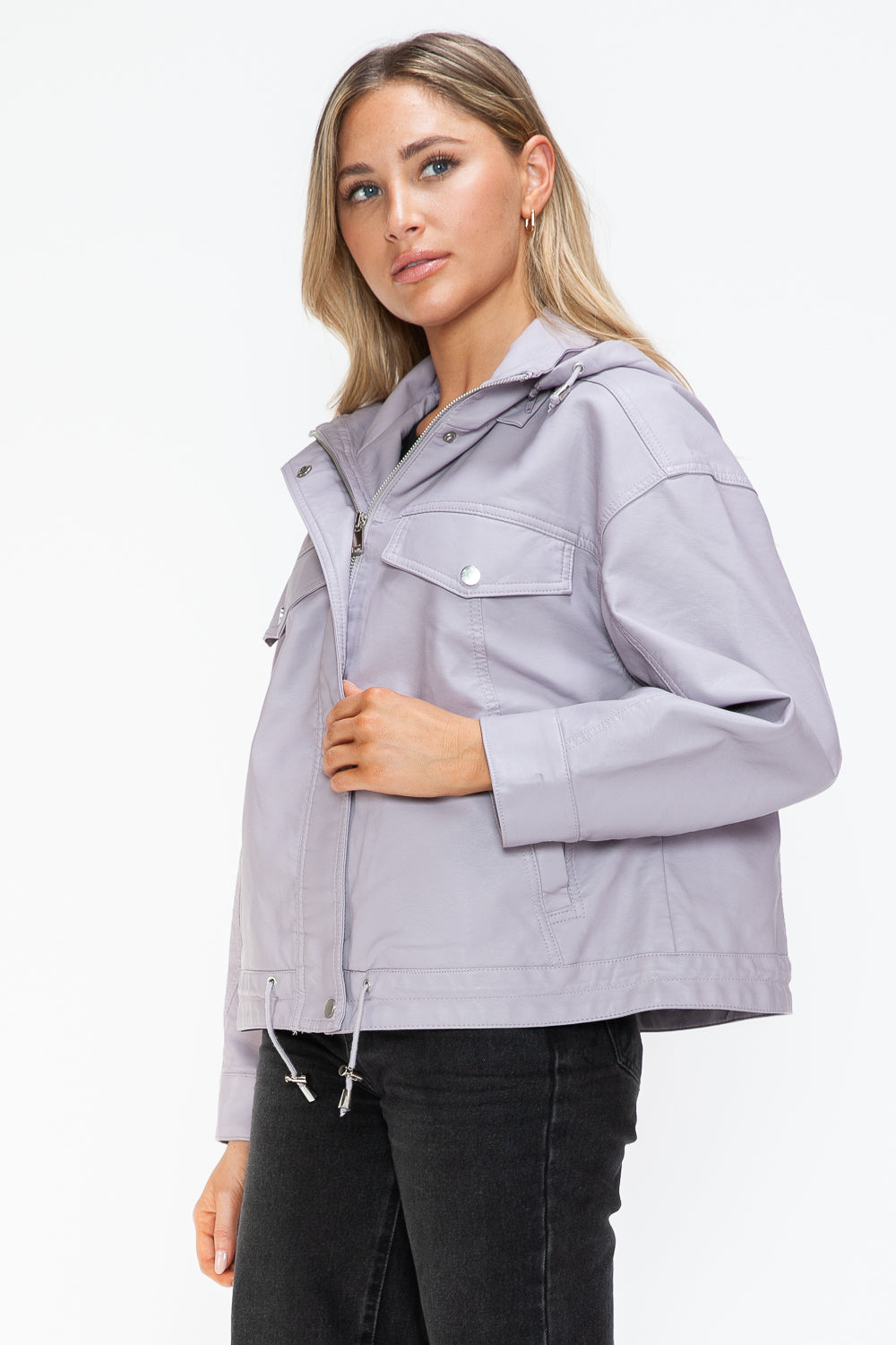 Blue Zone Planet | How Dare U Drawstring Hem PU Leather Zip Up Jacket-TOPS / DRESSES-[Adult]-[Female]-2022 Online Blue Zone Planet