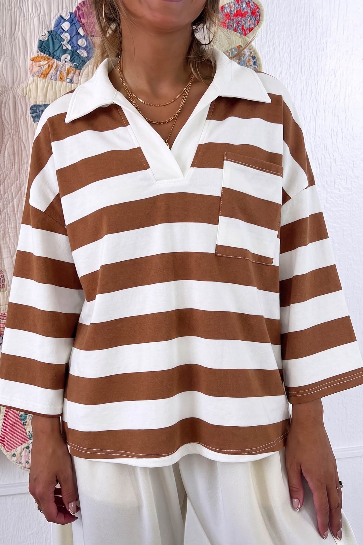 Brown Stripe Contrast Collar 3/4 Sleeve Oversized Casual Top-Tops/Long Sleeve Tops-[Adult]-[Female]-Brown Stripe-S-2022 Online Blue Zone Planet