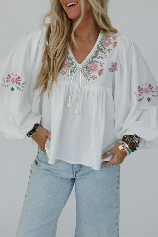 White Flower Lace-Up V Neck Babydoll Blouse-Tops/Blouses & Shirts-[Adult]-[Female]-White-S-2022 Online Blue Zone Planet