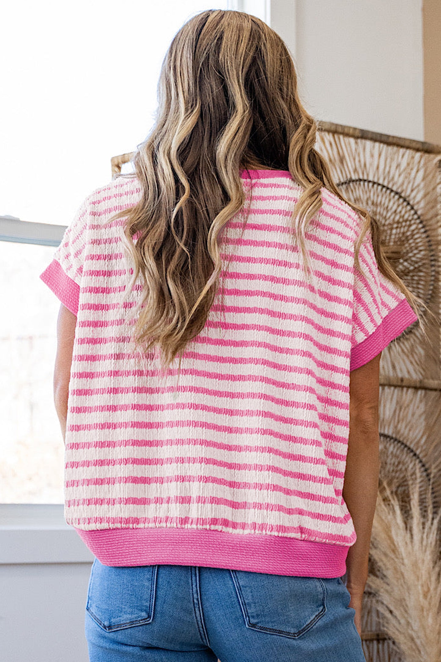 Pink Stripe Textured Knit Contrast Trim V Neck Short Sleeve Top-Tops/Tops & Tees-[Adult]-[Female]-2022 Online Blue Zone Planet