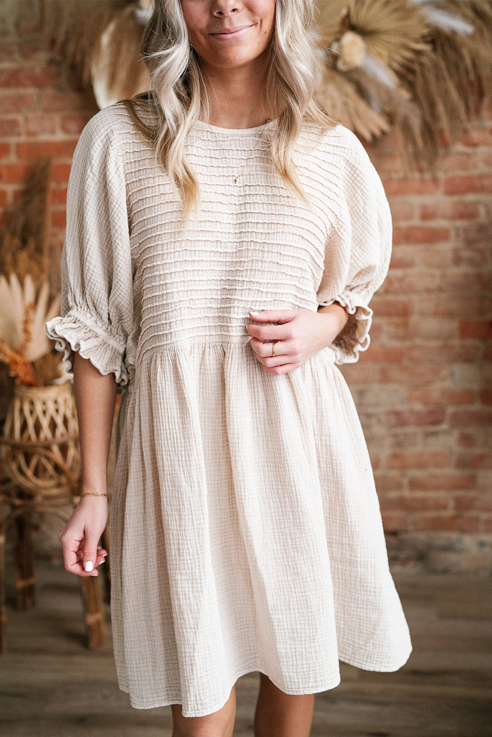 White Textured Ruffled Puff Sleeve Loose Dress-TOPS / DRESSES-[Adult]-[Female]-2022 Online Blue Zone Planet