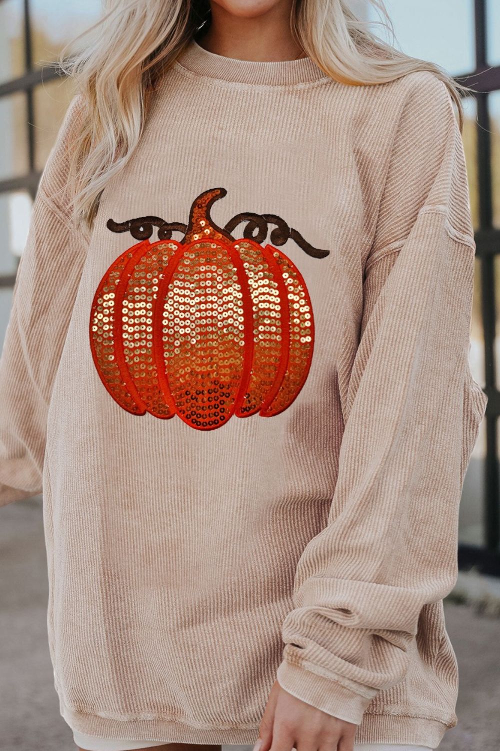 Sequin Pumpkin Round Neck Long Sleeve Sweatshirt-TOPS / DRESSES-[Adult]-[Female]-Eggshell-S-2022 Online Blue Zone Planet