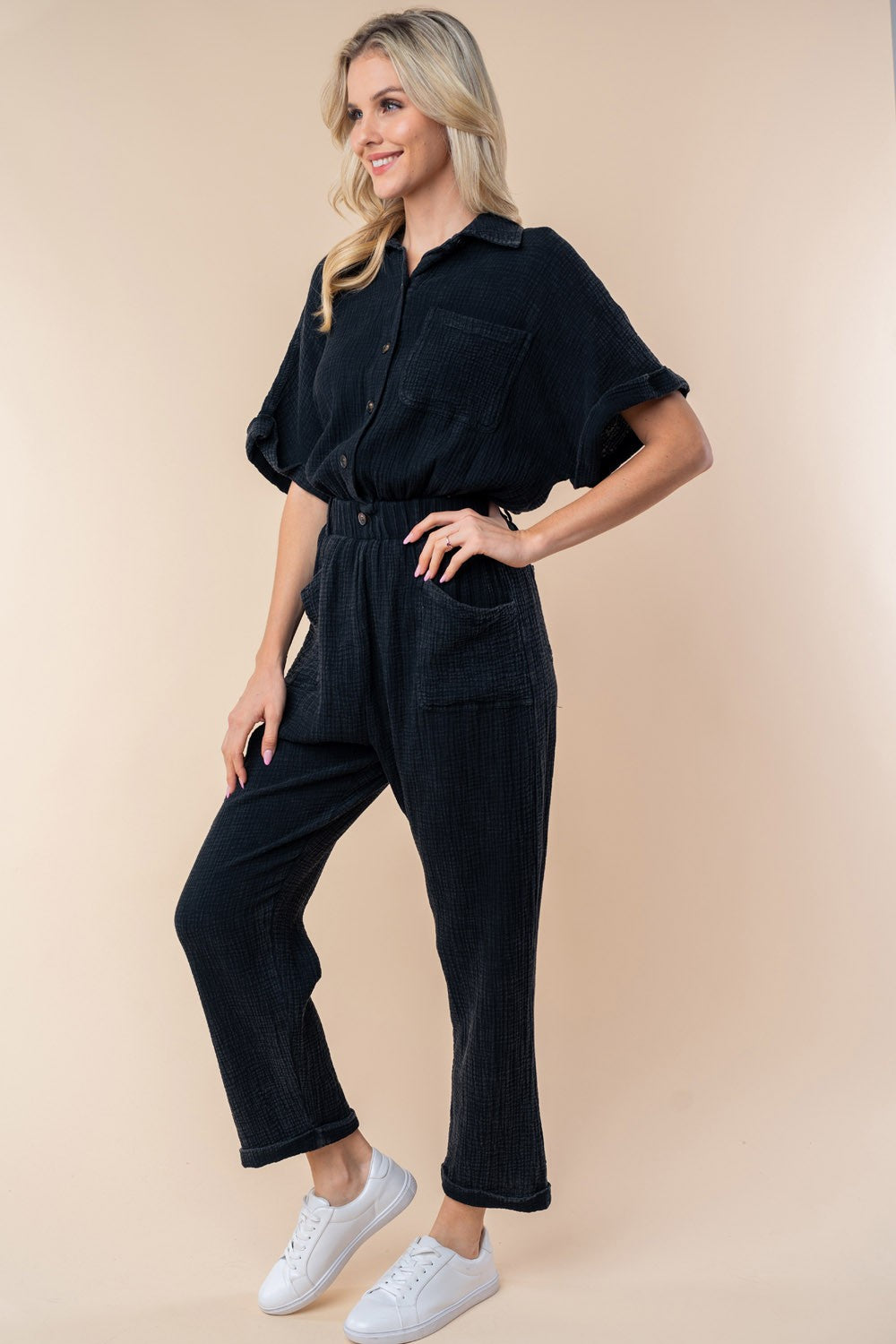 Blue Zone Planet | White Birch Texture Short Sleeve Jumpsuit-TOPS / DRESSES-[Adult]-[Female]-2022 Online Blue Zone Planet