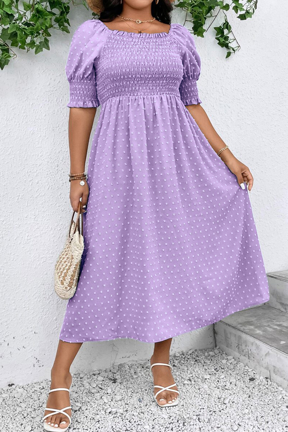Wisteria Swiss Dot Smocked Frilled Neckline Short Sleeve Plus Size Dress-TOPS / DRESSES-[Adult]-[Female]-2022 Online Blue Zone Planet