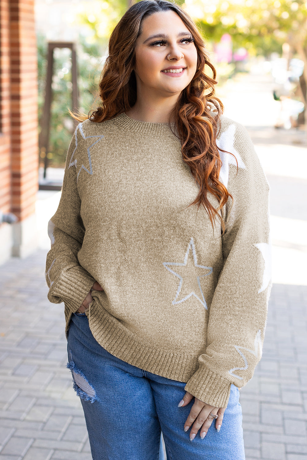 Blue Zone Planet | Khaki Star Pattern Drop Shoulder Plus Size Sweater-Plus Size/Plus Size Sweaters & Cardigans-[Adult]-[Female]-2022 Online Blue Zone Planet