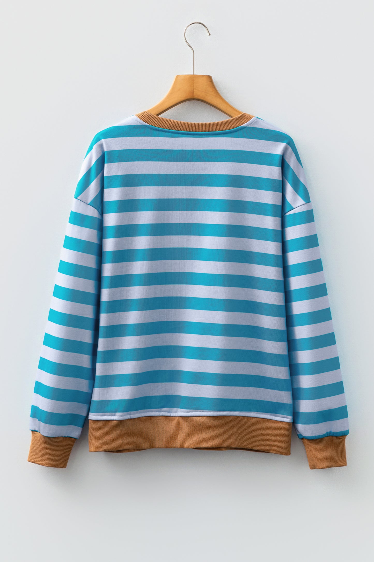 Sky Blue Stripe Contrast Color Ribbed Trim Round Neck Drop Shoulder Sweatshirt-Tops/Sweatshirts & Hoodies-[Adult]-[Female]-2022 Online Blue Zone Planet