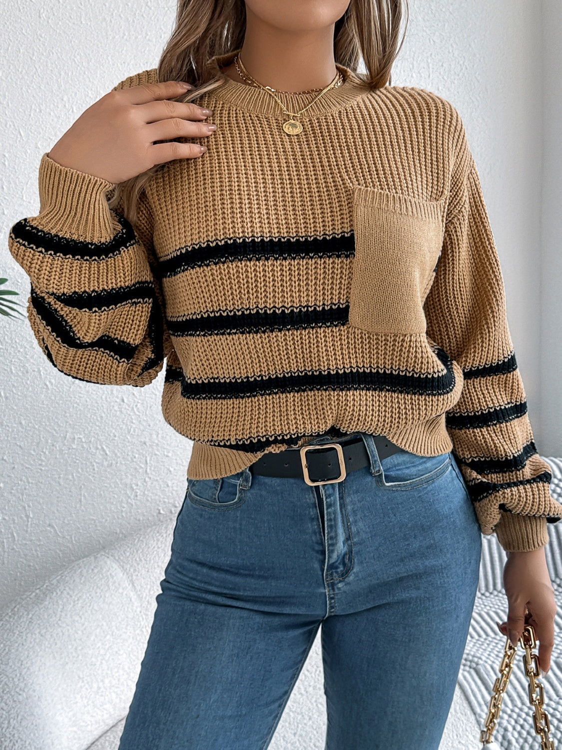 Striped Round Neck Long Sleeve Sweater-TOPS / DRESSES-[Adult]-[Female]-2022 Online Blue Zone Planet