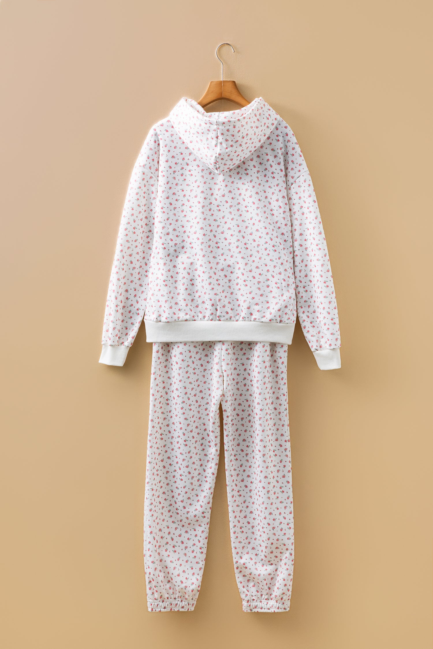 Pink Floral Print Kangaroo Pocket Hoodie Sheath Sweatpants Set-Tops / Dresses-[Adult]-[Female]-2022 Online Blue Zone Planet