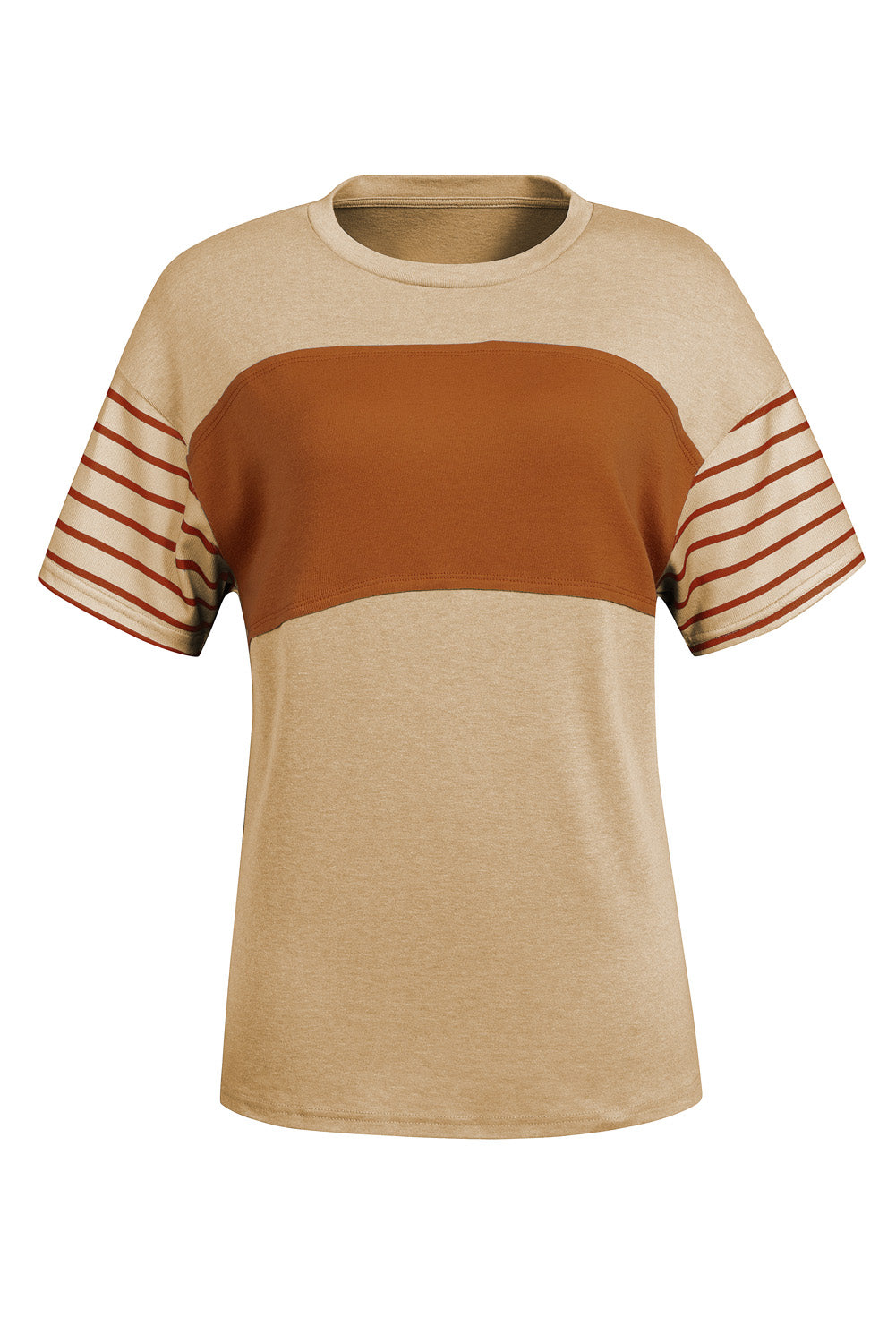 Tan Color Block Striped Detail Loose T Shirt-Tops/Tops & Tees-[Adult]-[Female]-2022 Online Blue Zone Planet