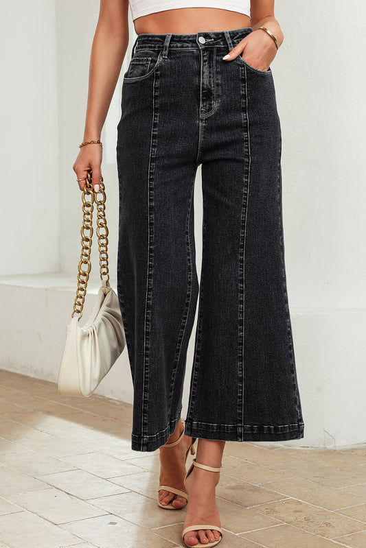 Black Plain Seam Detail Flared Bottom Ankle Length Jeans-Bottoms/Jeans-[Adult]-[Female]-Black-4-2022 Online Blue Zone Planet