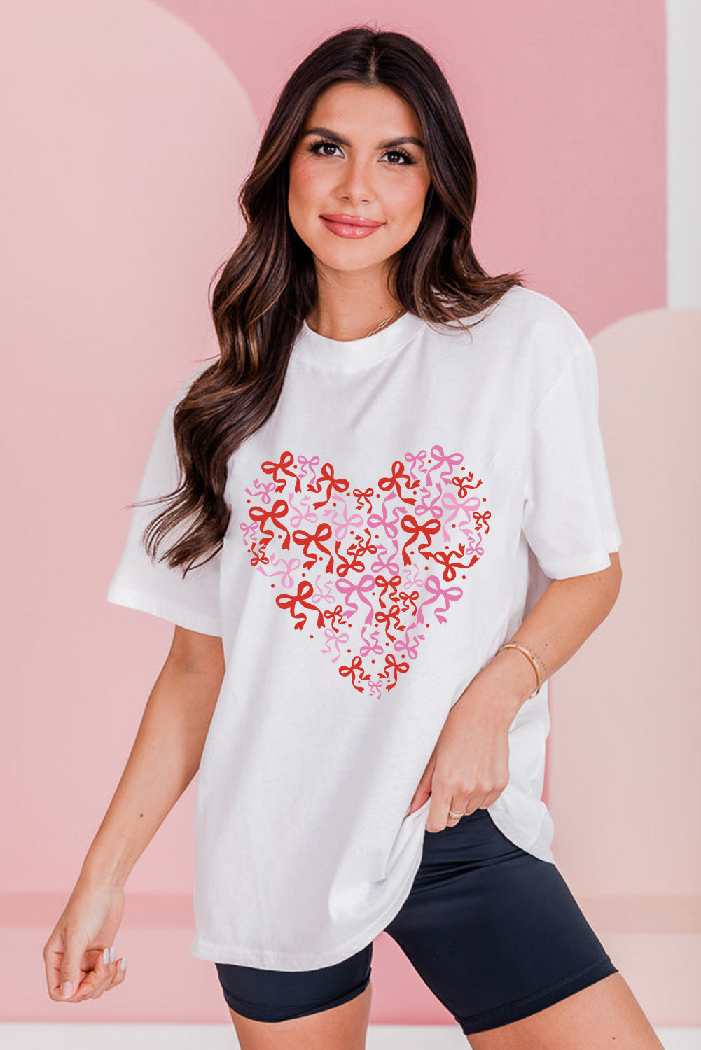 White Bowknot Heart Printed Crewneck Valentines Tee-Graphic Tees-[Adult]-[Female]-2022 Online Blue Zone Planet