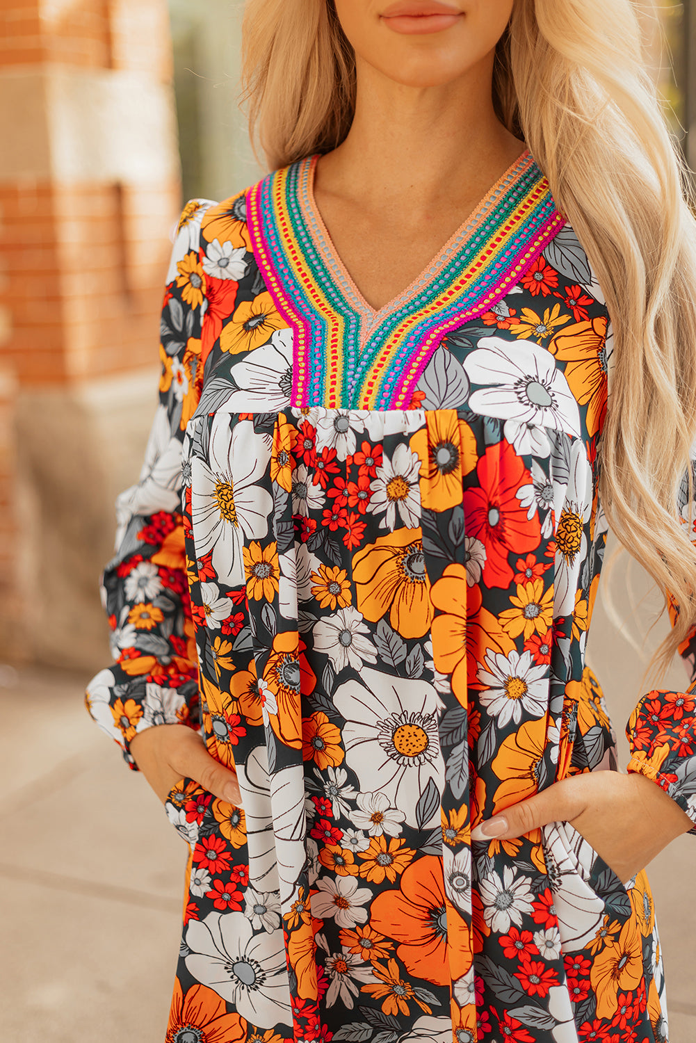 Orange Floral Print Striped Lace V Neck Long Sleeve Mini Dress-TOPS / DRESSES-[Adult]-[Female]-2022 Online Blue Zone Planet