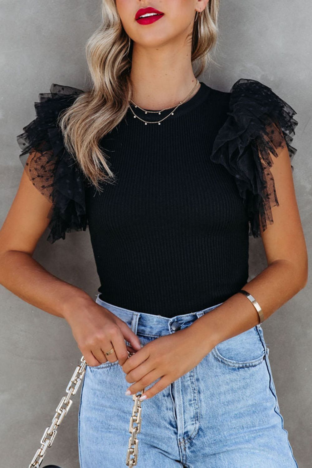 Ruffled Round Neck Cap Sleeve Blouse-TOPS / DRESSES-[Adult]-[Female]-2022 Online Blue Zone Planet