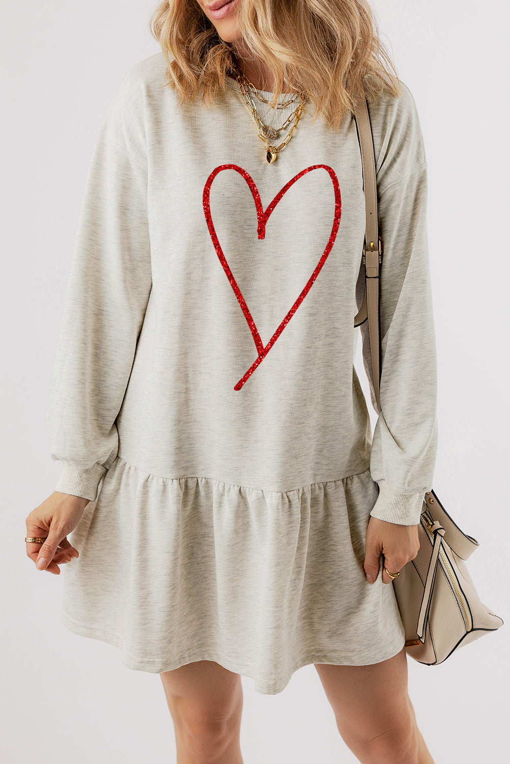 Dusty Pink Shimmer Heart Graphic Long Sleeve Ruffle Hem Dress-Graphic Apparel-[Adult]-[Female]-White-XS-2022 Online Blue Zone Planet