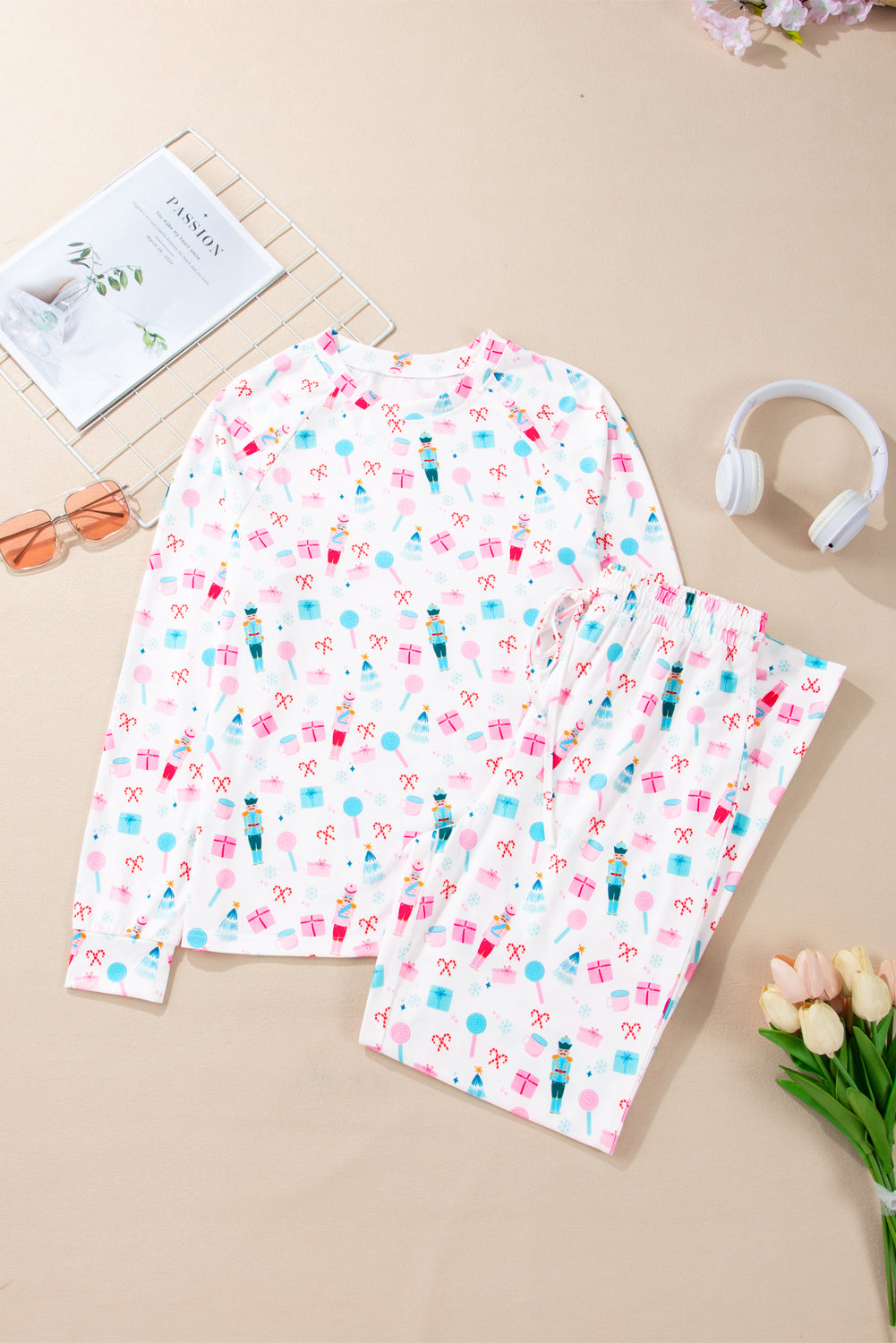 White Christmas Nutcracker Top and Wide Leg Pants Pajama Set-Loungewear Set-[Adult]-[Female]-2022 Online Blue Zone Planet