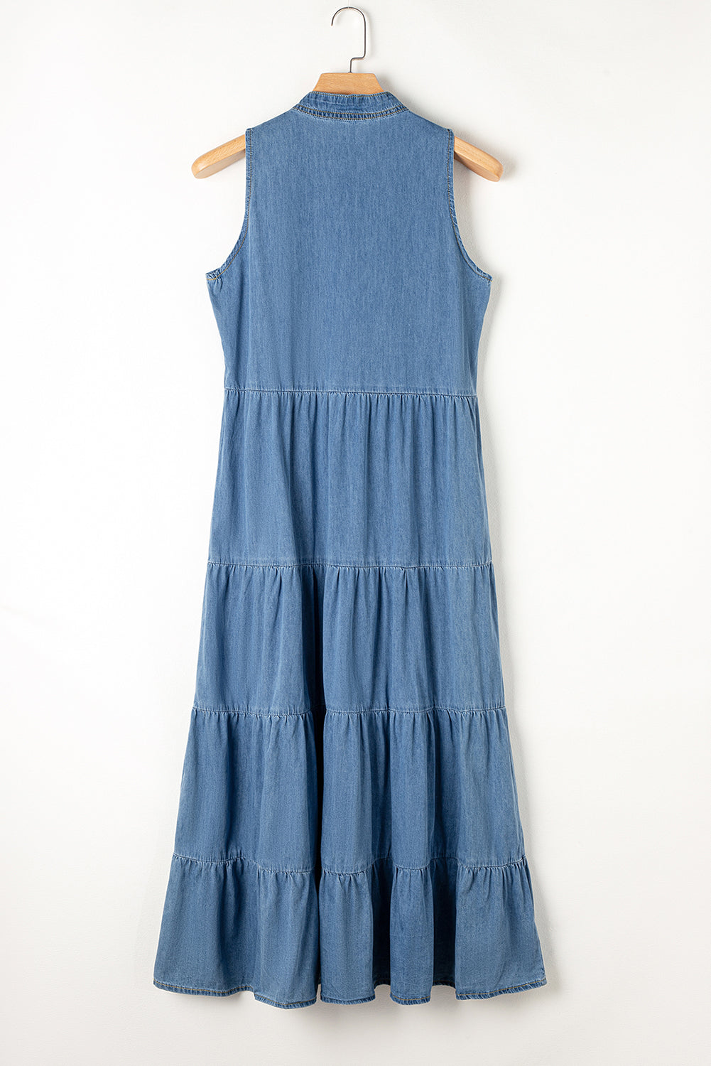 Real Teal Sleeveless Tiered Chambray Maxi Dress Blue Zone Planet
