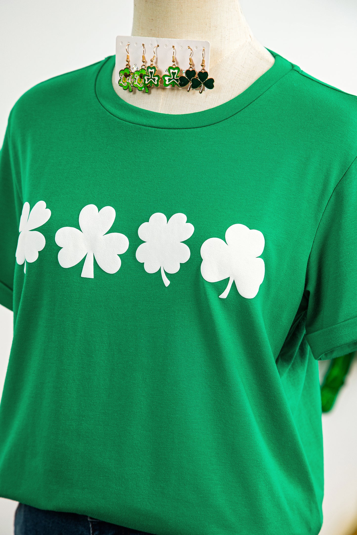 Bright Green St Patricks Day Clover Printed Casual T Shirt-Graphic/Graphic Tees-[Adult]-[Female]-2022 Online Blue Zone Planet