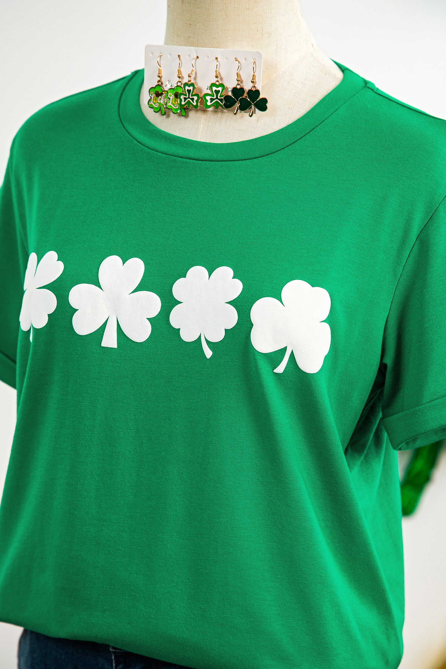 Bright Green St Patricks Day Clover Printed Casual T Shirt-Graphic/Graphic Tees-[Adult]-[Female]-2022 Online Blue Zone Planet