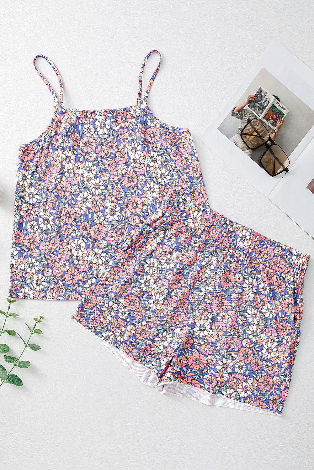 Sky Blue Floral Print Camisole and Shorts Set-Two Piece Shorts Sets-[Adult]-[Female]-2022 Online Blue Zone Planet