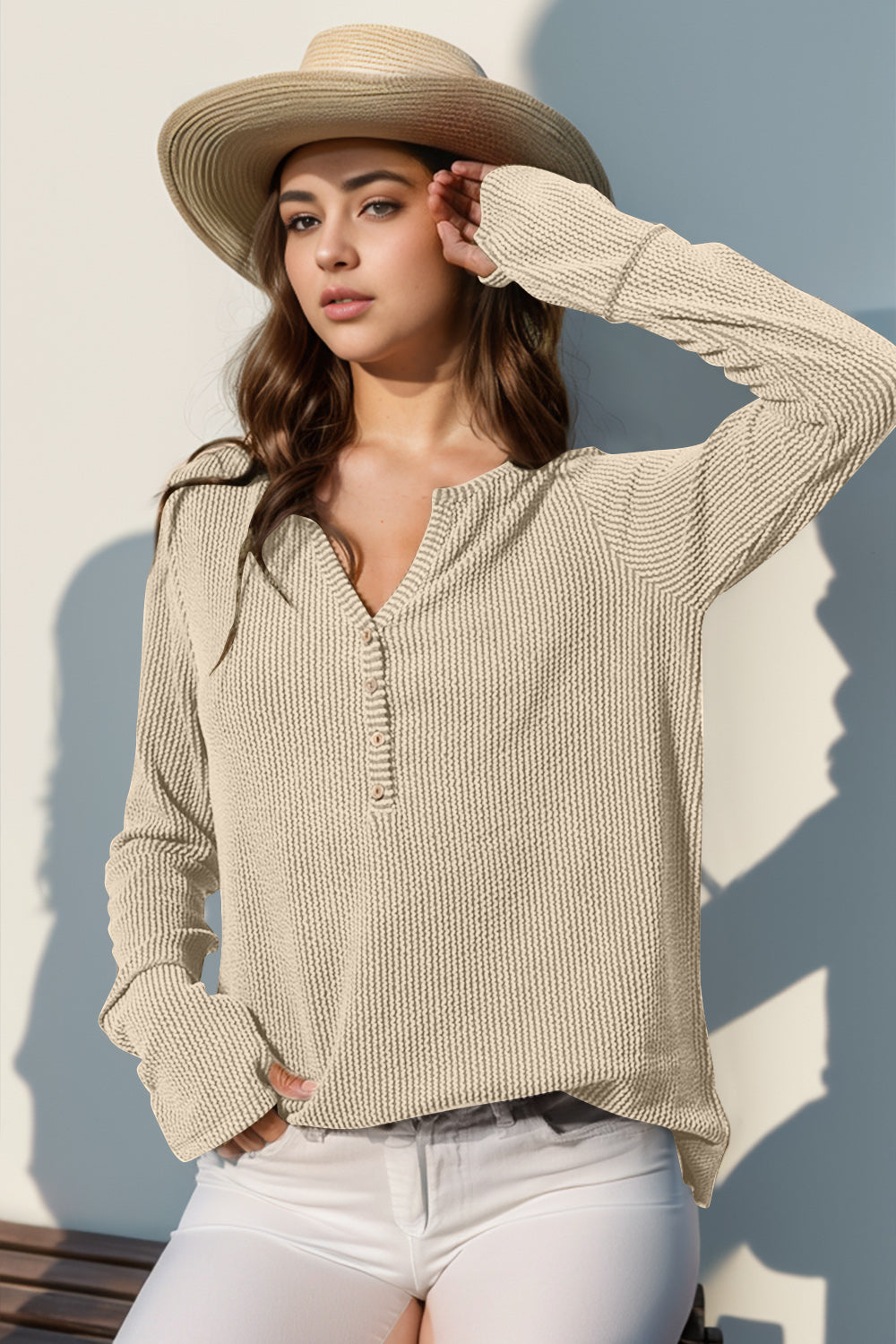 Double Take Full Size Notched Thumbhole Long Sleeve T-Shirt-TOPS / DRESSES-[Adult]-[Female]-Tan-S-2022 Online Blue Zone Planet