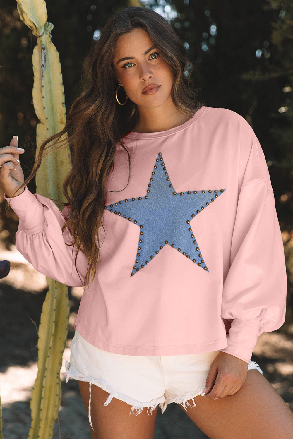 Blue Zone Planet | Apricot Studded Star Graphic Oversized Long Sleeve Top-Tops/Long Sleeve Tops-[Adult]-[Female]-Gossamer Pink-S-2022 Online Blue Zone Planet