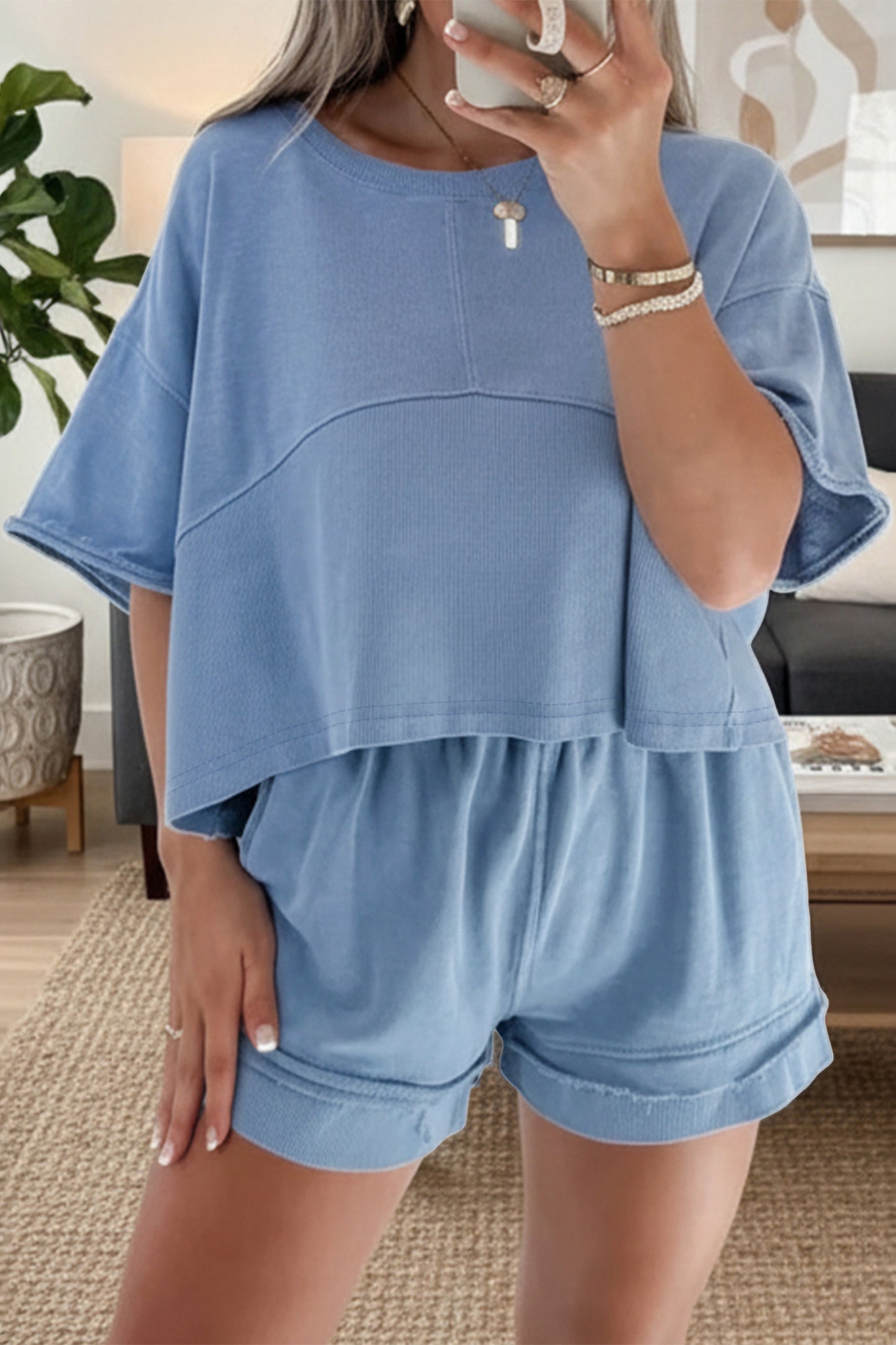 Sky Blue Solid Color Contrast Textured Patchwork Raw Edge 2pcs Short Set-Two Piece Sets/Short Sets-[Adult]-[Female]-Sky Blue-S-2022 Online Blue Zone Planet