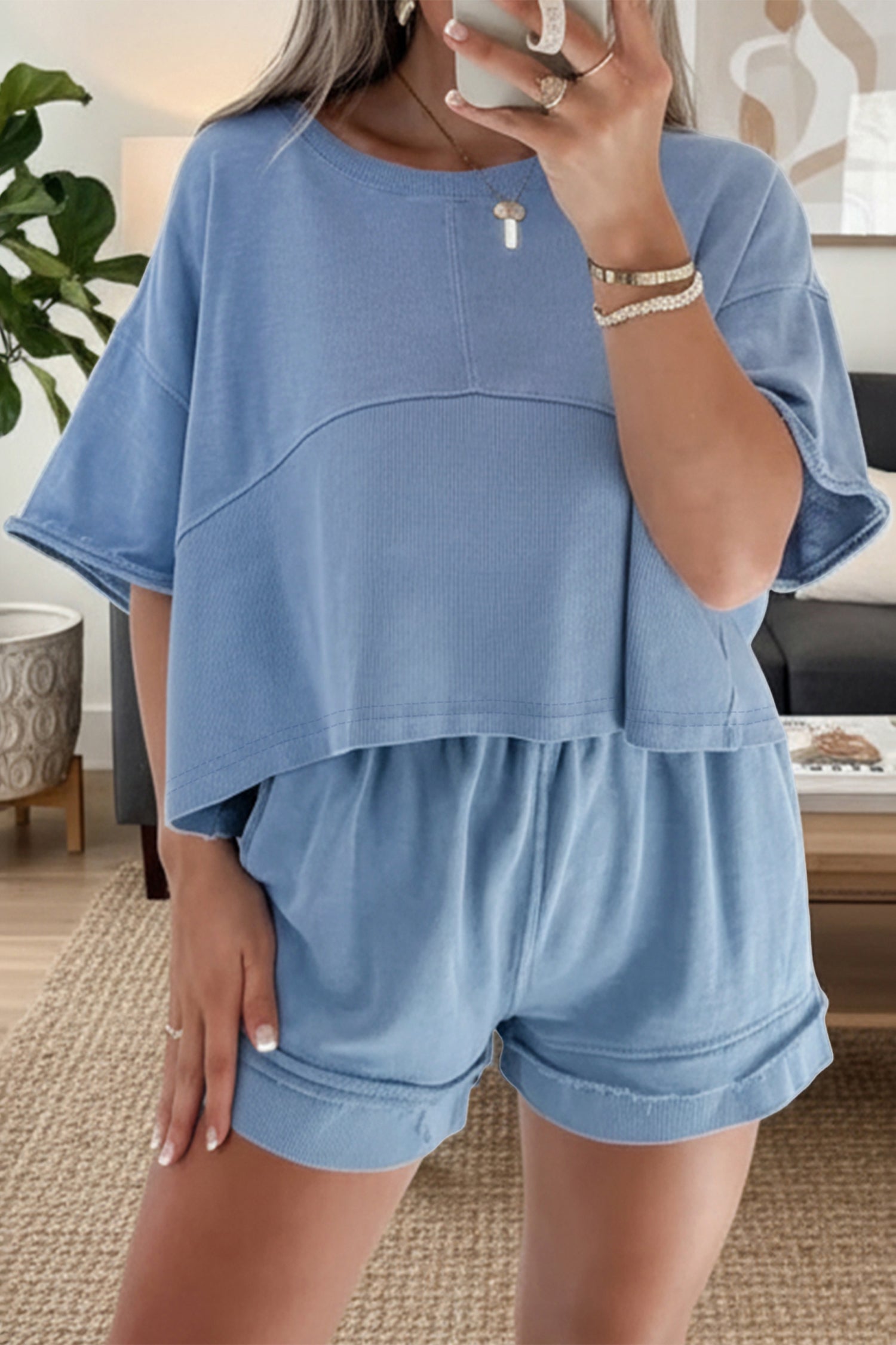 Sky Blue Solid Color Contrast Textured Patchwork Raw Edge 2pcs Short Set-Two Piece Sets/Short Sets-[Adult]-[Female]-Sky Blue-S-2022 Online Blue Zone Planet