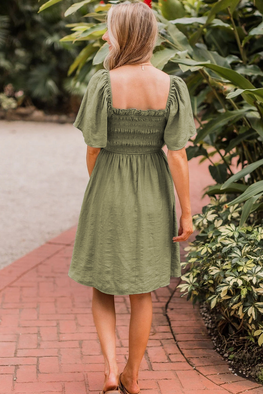 Grass Green Frilly Square Neck Flutter Sleeve Smocked High Waist Plus Size Dress-Plus Size/Plus Size Dresses/Plus Size Mini Dresses-[Adult]-[Female]-2022 Online Blue Zone Planet