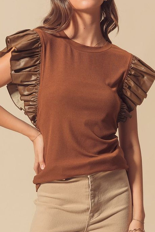 Cinnamon Leather Ruffle Sleeve Patchwork Round Neck Blouse-Tops/Blouses & Shirts-[Adult]-[Female]-Cinnamon-S-2022 Online Blue Zone Planet