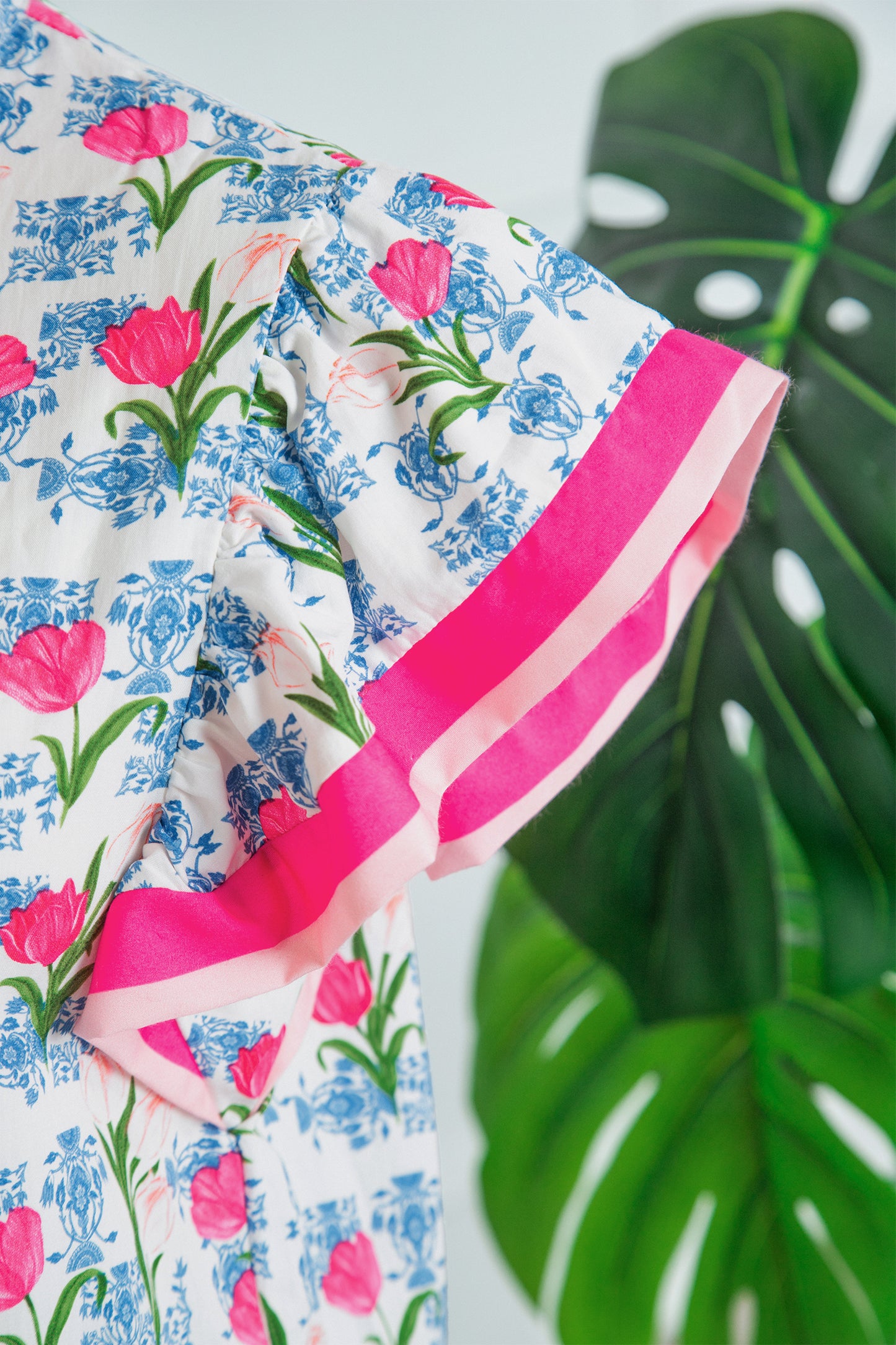 Rose Floral Print Color Block Striped Trim Flutter Sleeve Half Button Blouse-Tops/Blouses & Shirts-[Adult]-[Female]-2022 Online Blue Zone Planet