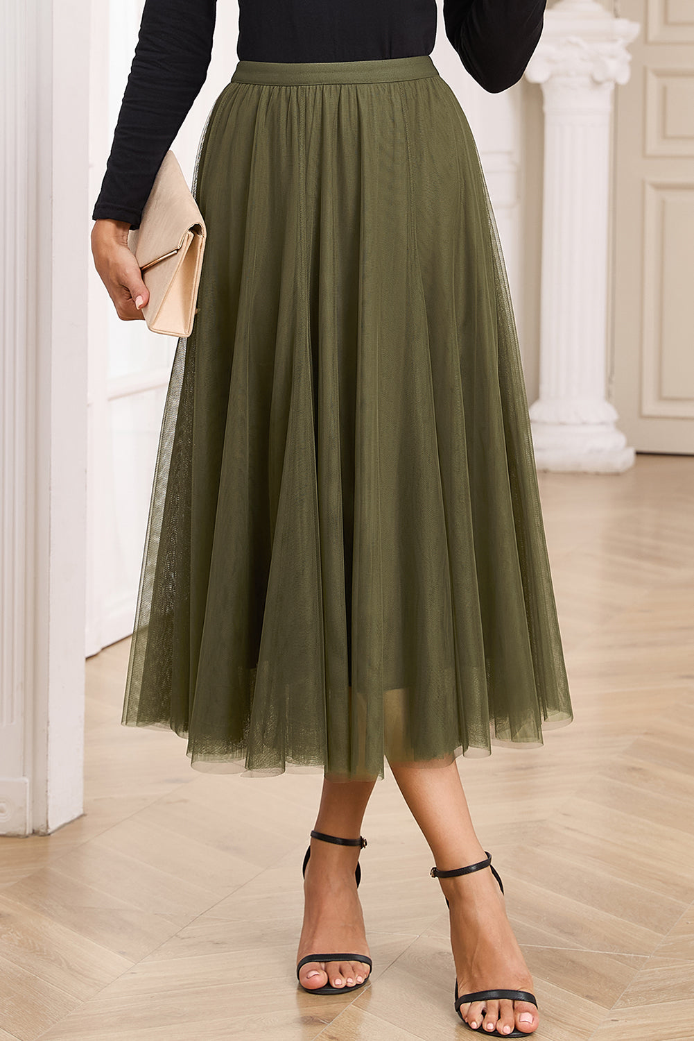 Jungle Green Tulle Mesh Overlay Flared Midi Skirt-Bottoms/Skirts & Petticoat-[Adult]-[Female]-Jungle Green-S-2022 Online Blue Zone Planet