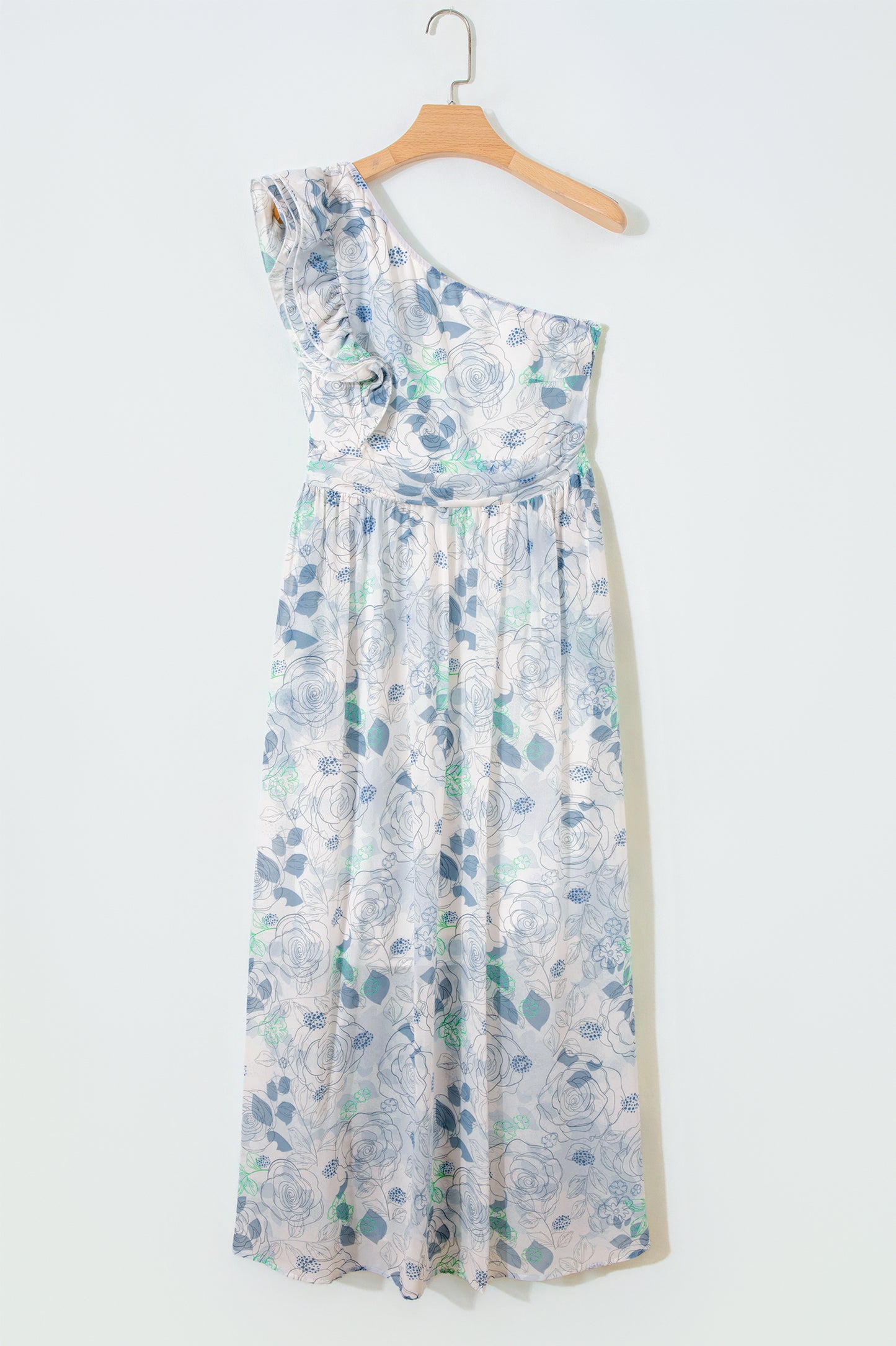 Sky Blue Floral Print Ruffled One Shoulder Vacation Maxi Dress-TOPS / DRESSES-[Adult]-[Female]-2022 Online Blue Zone Planet