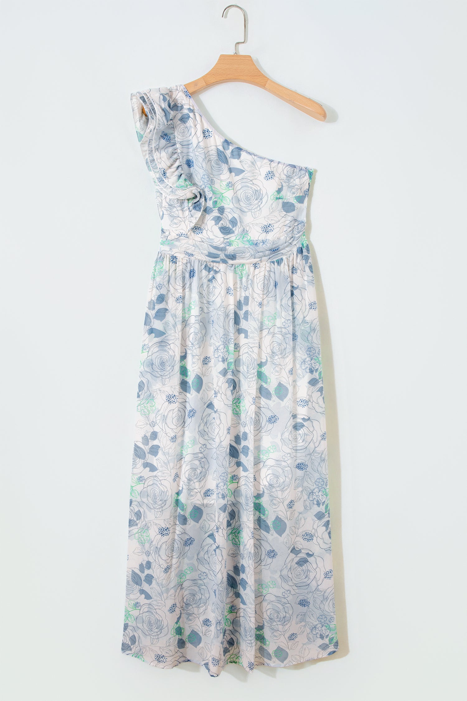 Sky Blue Floral Print Ruffled One Shoulder Vacation Maxi Dress-TOPS / DRESSES-[Adult]-[Female]-2022 Online Blue Zone Planet
