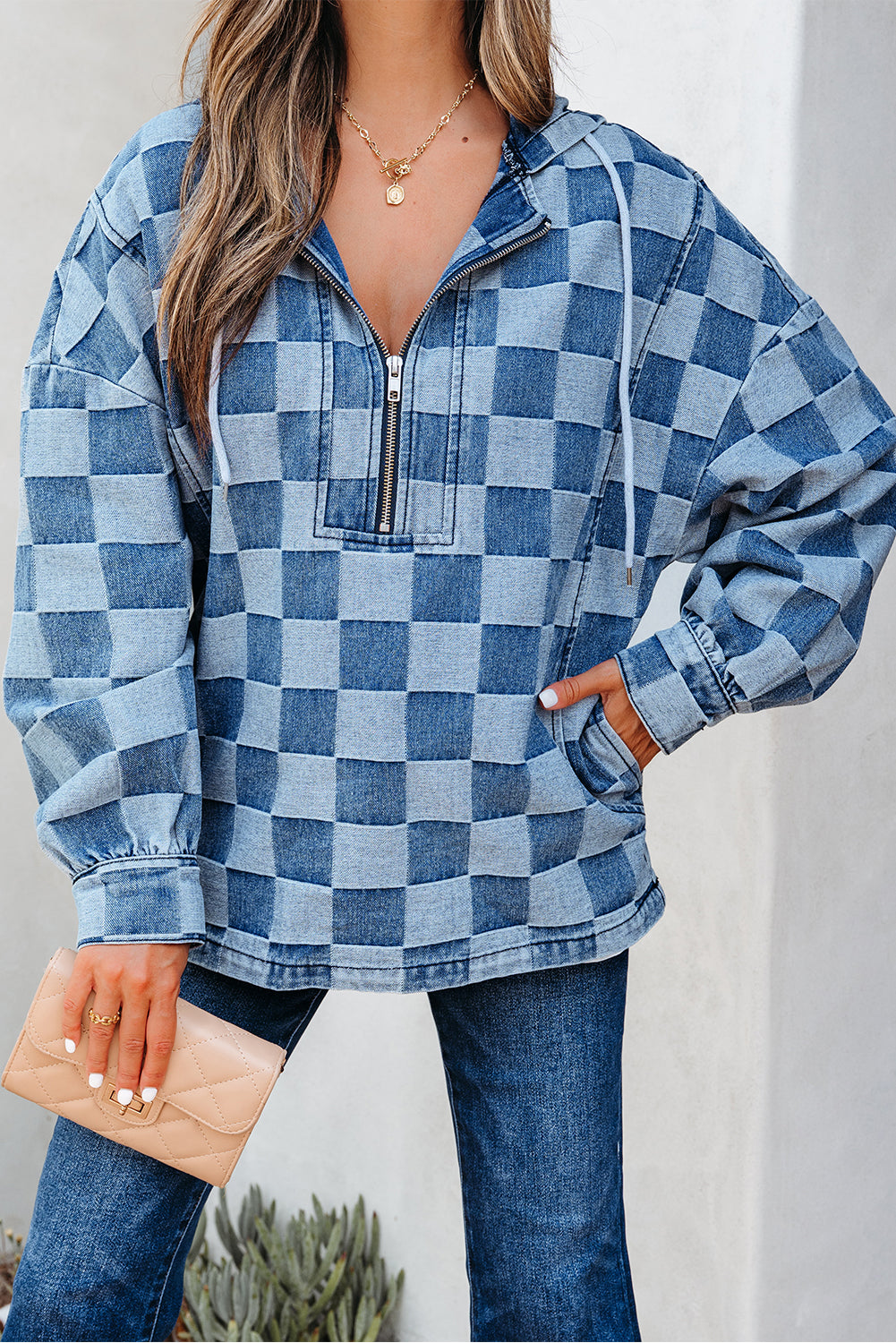 Sky Blue Checkerboard Zipped Neck Kangaroo Pocket Denim Hoodie-Tops/Sweatshirts & Hoodies-[Adult]-[Female]-2022 Online Blue Zone Planet
