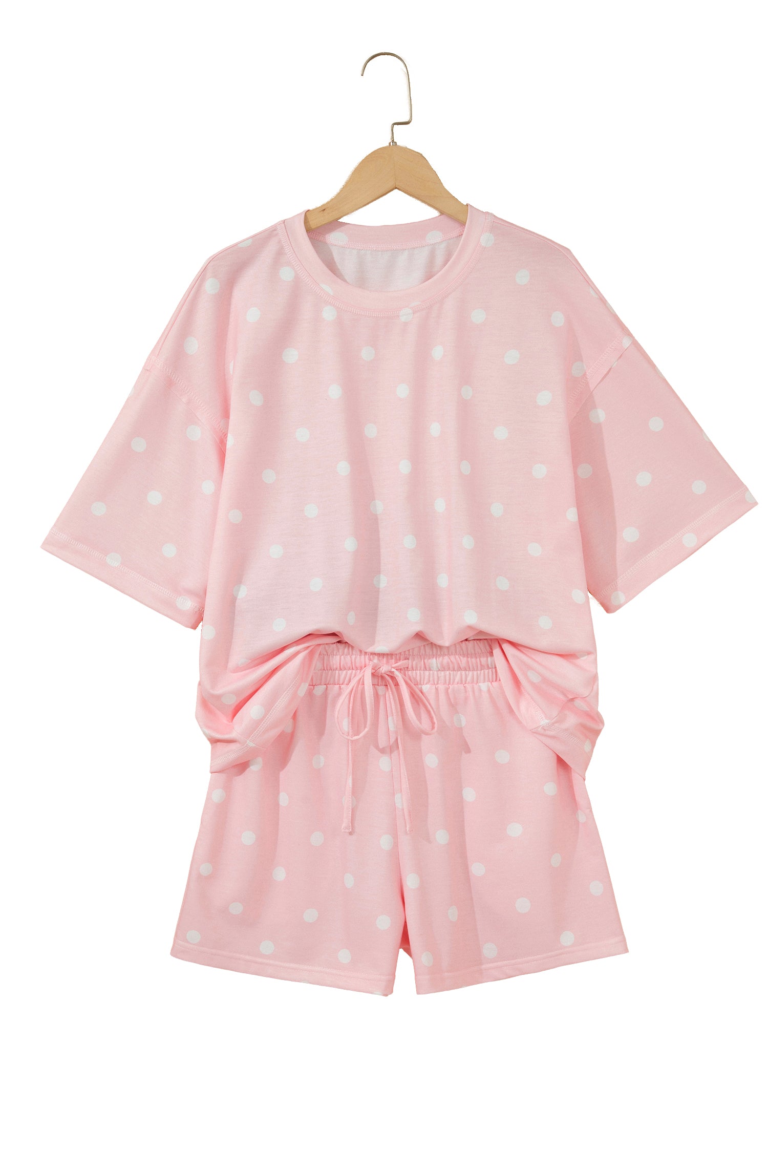 White Exposed Seam Detail Polka Dot Loose Tee Drawstring Shorts Set-Two Piece Sets/Short Sets-[Adult]-[Female]-2022 Online Blue Zone Planet