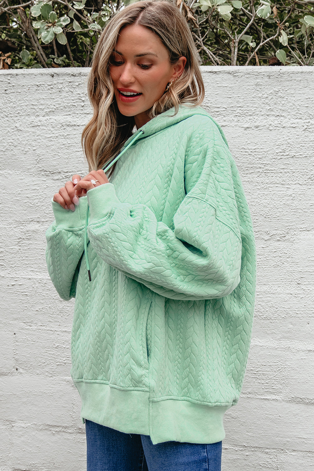 Moonlight Jade Cable Textured Baggy Solid Hoodie-Tops/Sweatshirts & Hoodies-[Adult]-[Female]-2022 Online Blue Zone Planet