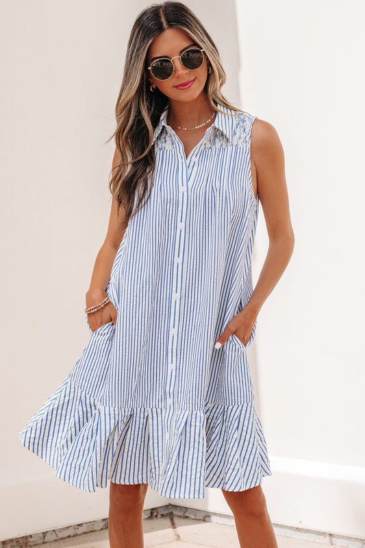 Sky Blue Stripe Shirt Collar Shirred Detail Ruffle Hem Sleeveless Dress-TOPS / DRESSES-[Adult]-[Female]-Sky Blue Stripe-S-2022 Online Blue Zone Planet