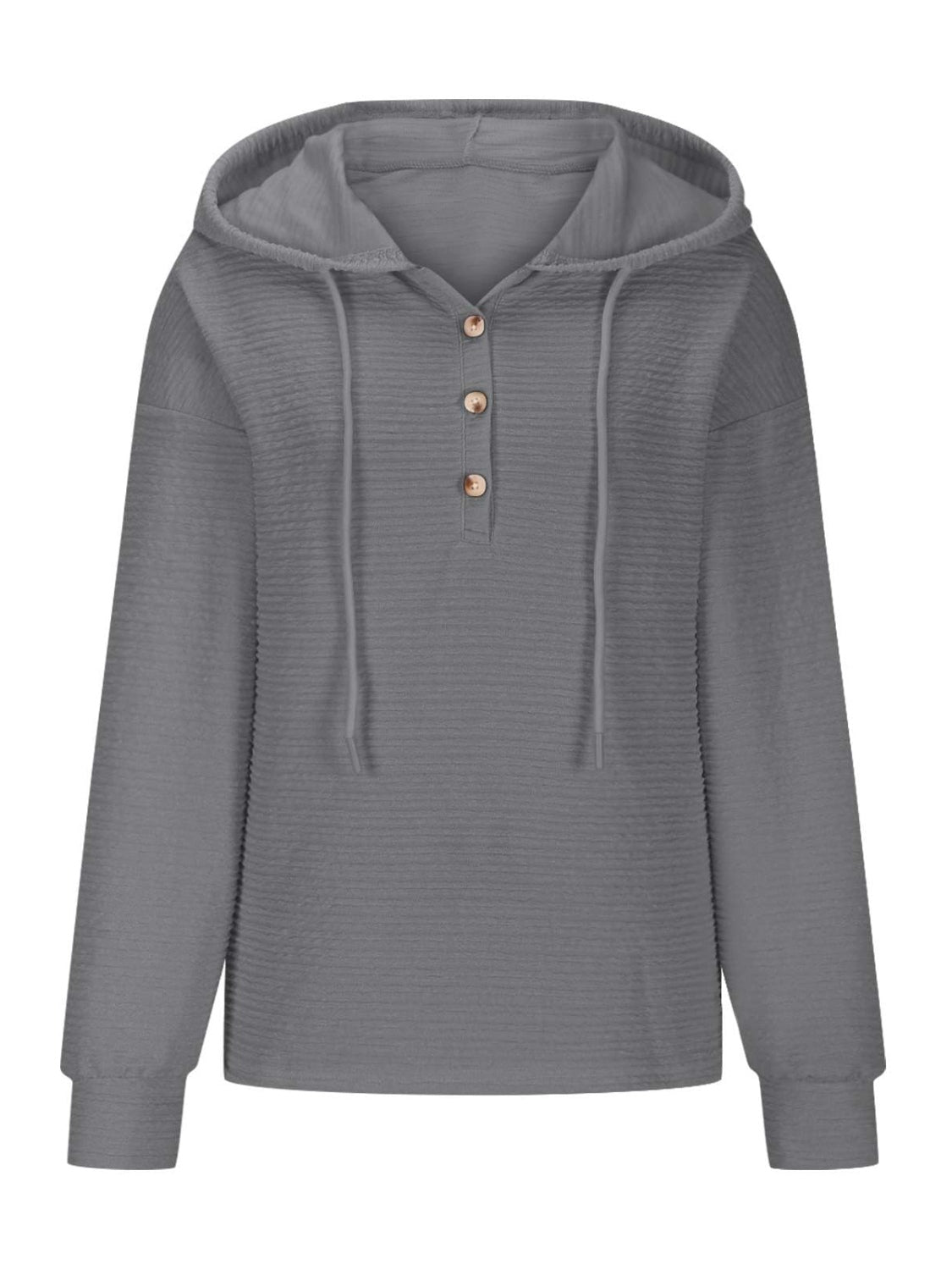 Drawstring Quarter Button Long Sleeve Hoodie-TOPS / DRESSES-[Adult]-[Female]-2022 Online Blue Zone Planet