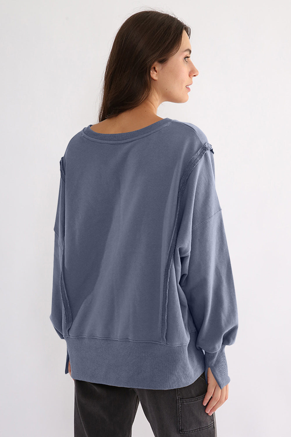 Exposed Seam High-Low Long Sleeve Sweatshirt-TOPS / DRESSES-[Adult]-[Female]-2022 Online Blue Zone Planet