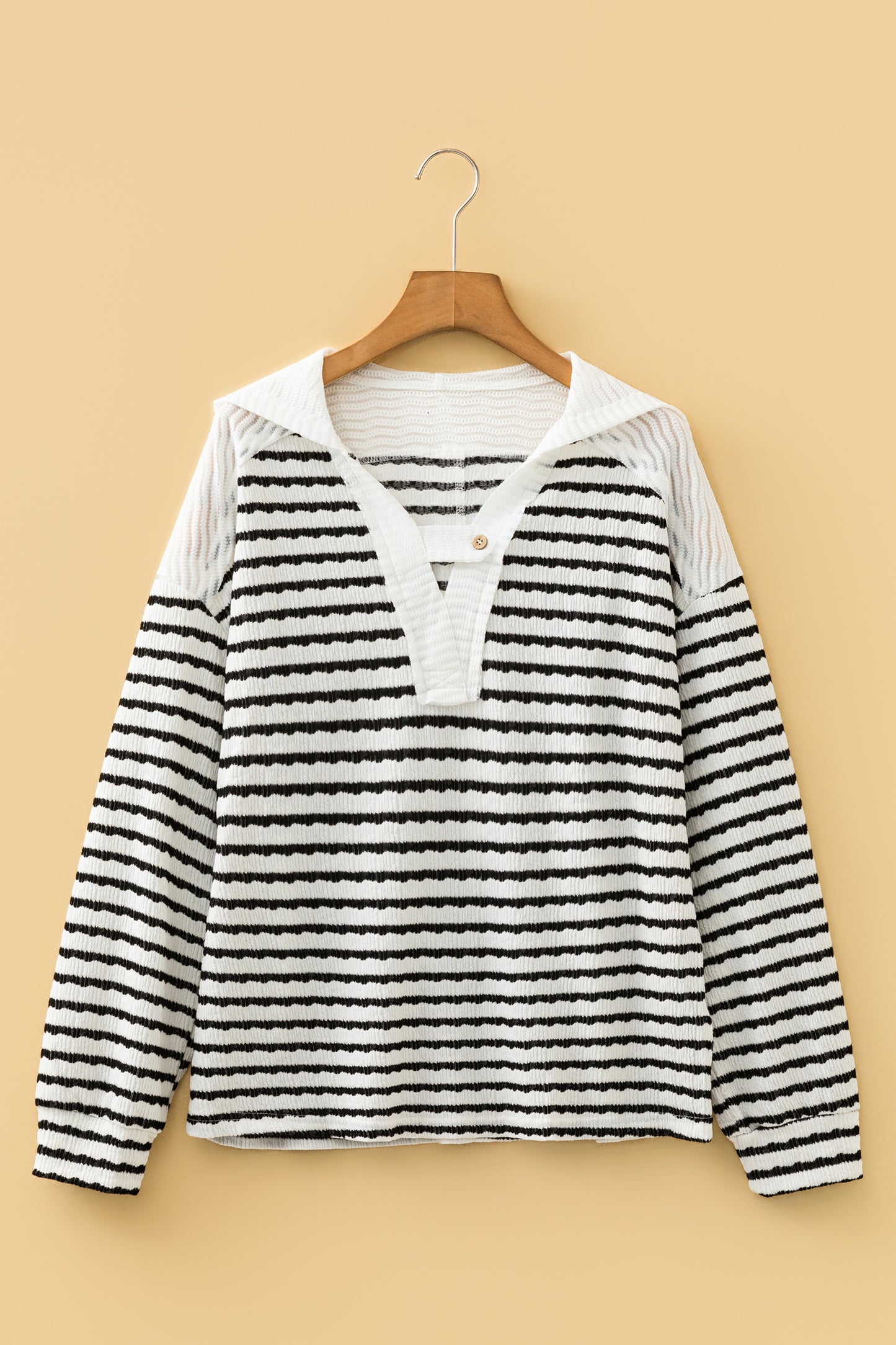 Black Stripe Textured Hooded V Neck Casual Long Sleeve Top-Tops / Dresses-[Adult]-[Female]-2022 Online Blue Zone Planet