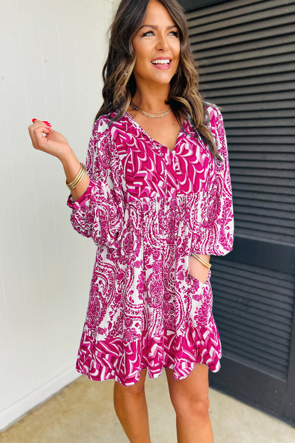 Green Bohemian Print Puff Sleeve Tied V Neck Flared Mini Dress-Dresses/Mini Dresses-[Adult]-[Female]-2022 Online Blue Zone Planet