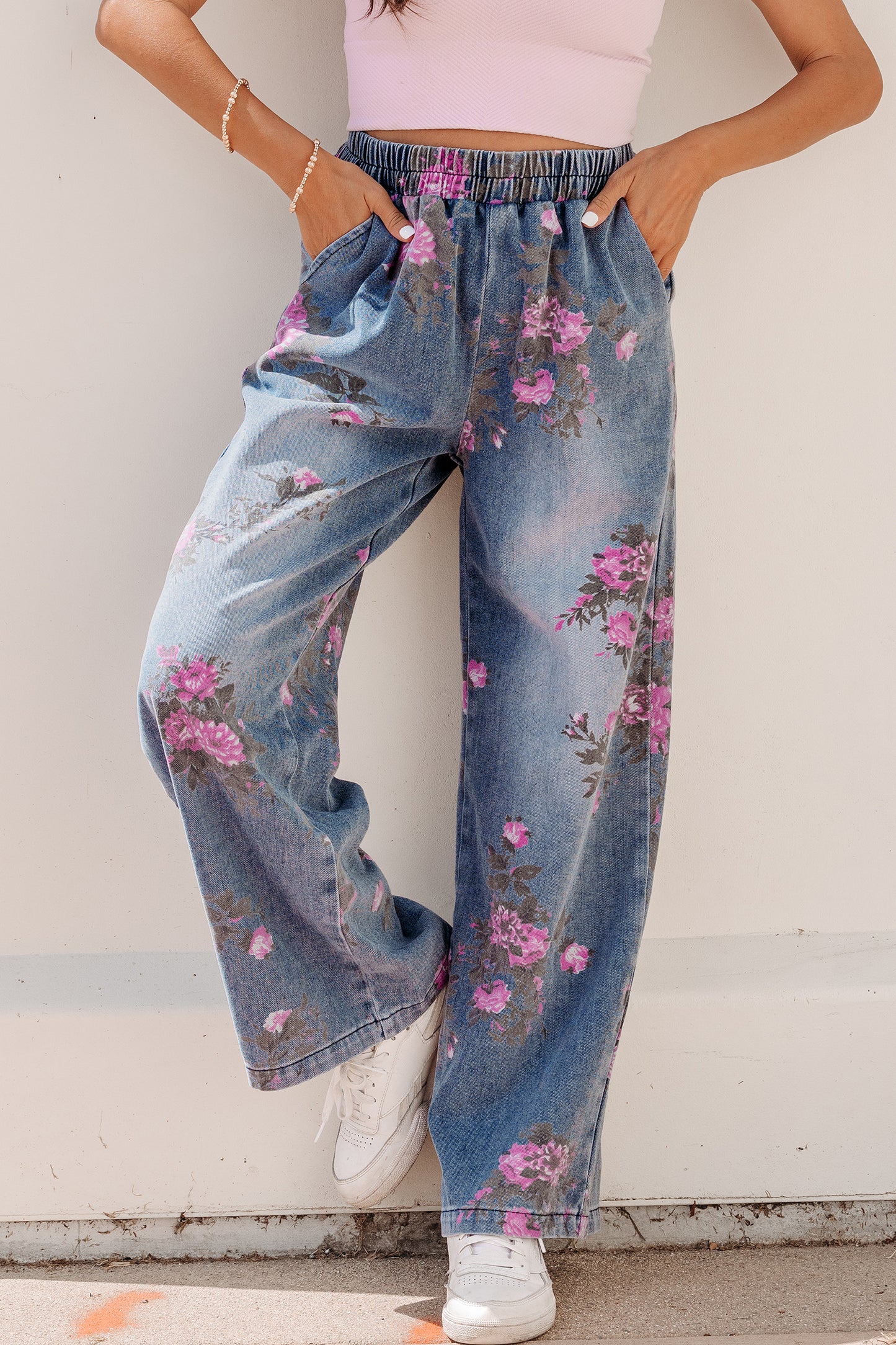 Beau Blue Floral Print Elastic Waist Pull On Casual Jeans-Bottoms/Jeans-[Adult]-[Female]-2022 Online Blue Zone Planet