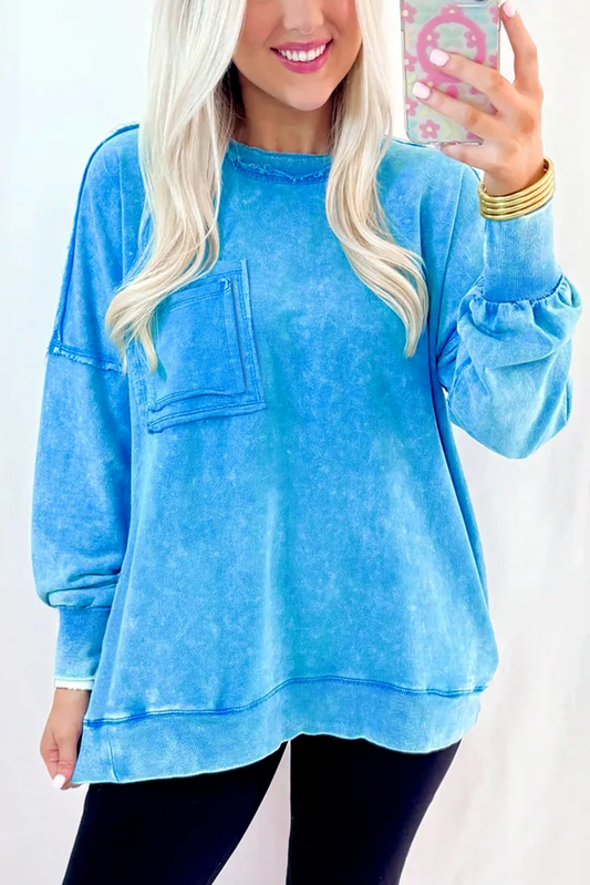 Blue Mineral Wash Raw Seam Double Patched Pocket Pullover Sweatshirt-Tops/Sweatshirts & Hoodies-[Adult]-[Female]-Blue-S-2022 Online Blue Zone Planet