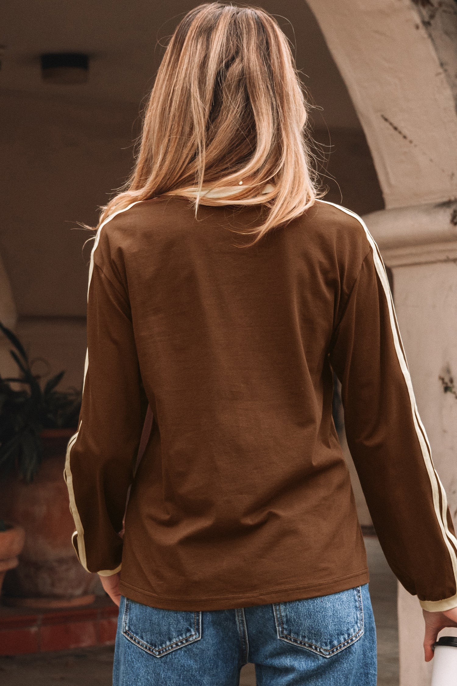 Dark Brown Varsity Striped Accent Contrast Crew Neck Long Sleeve T Shirt-Tops/Long Sleeve Tops-[Adult]-[Female]-2022 Online Blue Zone Planet