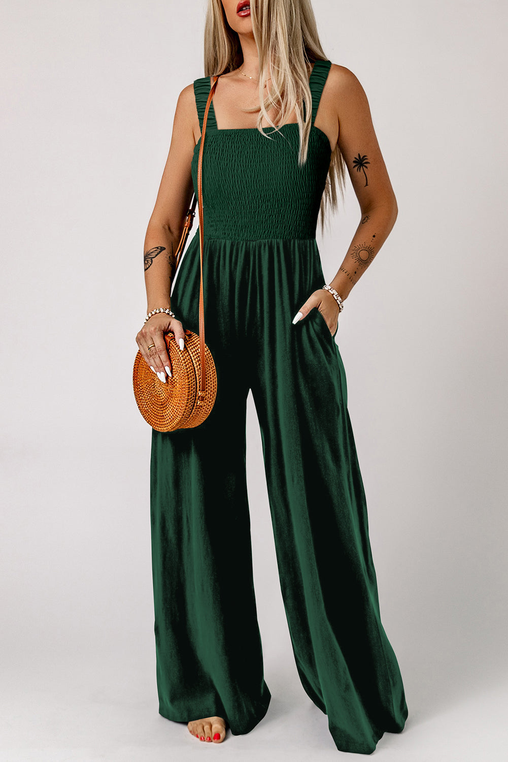 Ginger Smocked Sleeveless Wide Leg Jumpsuit with Pockets-Bottoms/Jumpsuits & Rompers-[Adult]-[Female]-2022 Online Blue Zone Planet