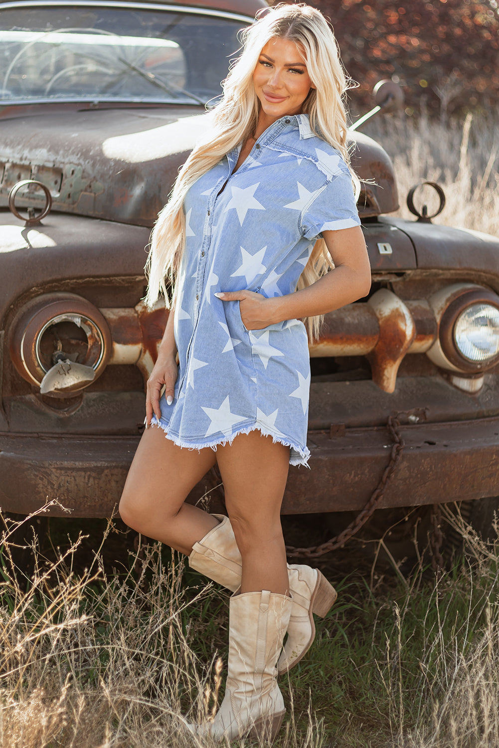 Blue Zone Planet | Sky Blue Stars Frayed Hem Collared Short Sleeve Denim Dress-TOPS / DRESSES-[Adult]-[Female]-2022 Online Blue Zone Planet