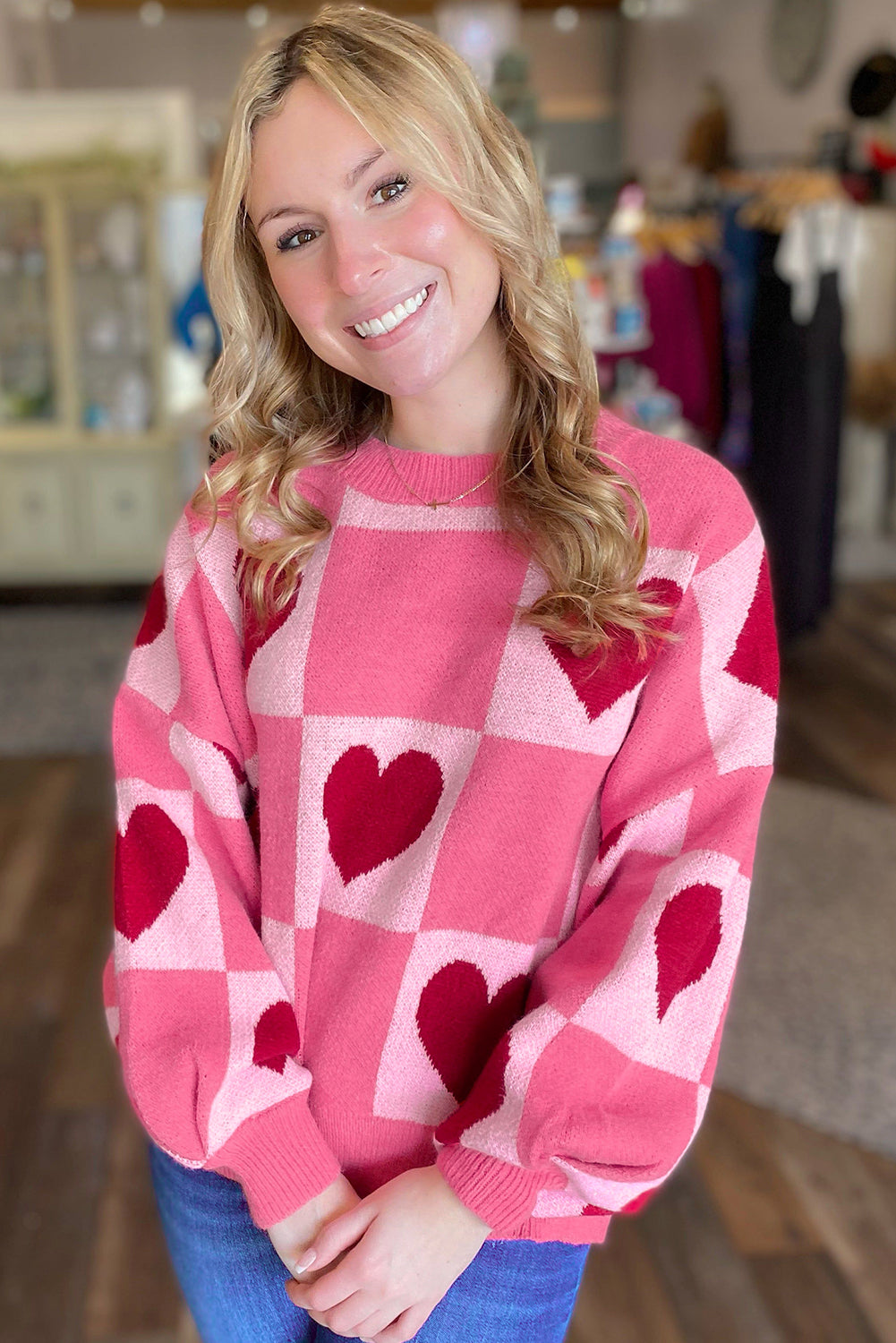 Pink Love Heart Checkered Valentine Knit Sweater-TOPS / DRESSES-[Adult]-[Female]-2022 Online Blue Zone Planet