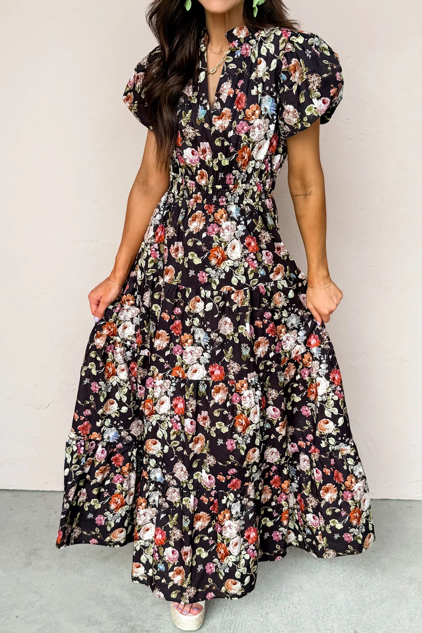 Black Floral Print V Neck Pleated Tiered Maxi Dress-TOPS / DRESSES-[Adult]-[Female]-2022 Online Blue Zone Planet