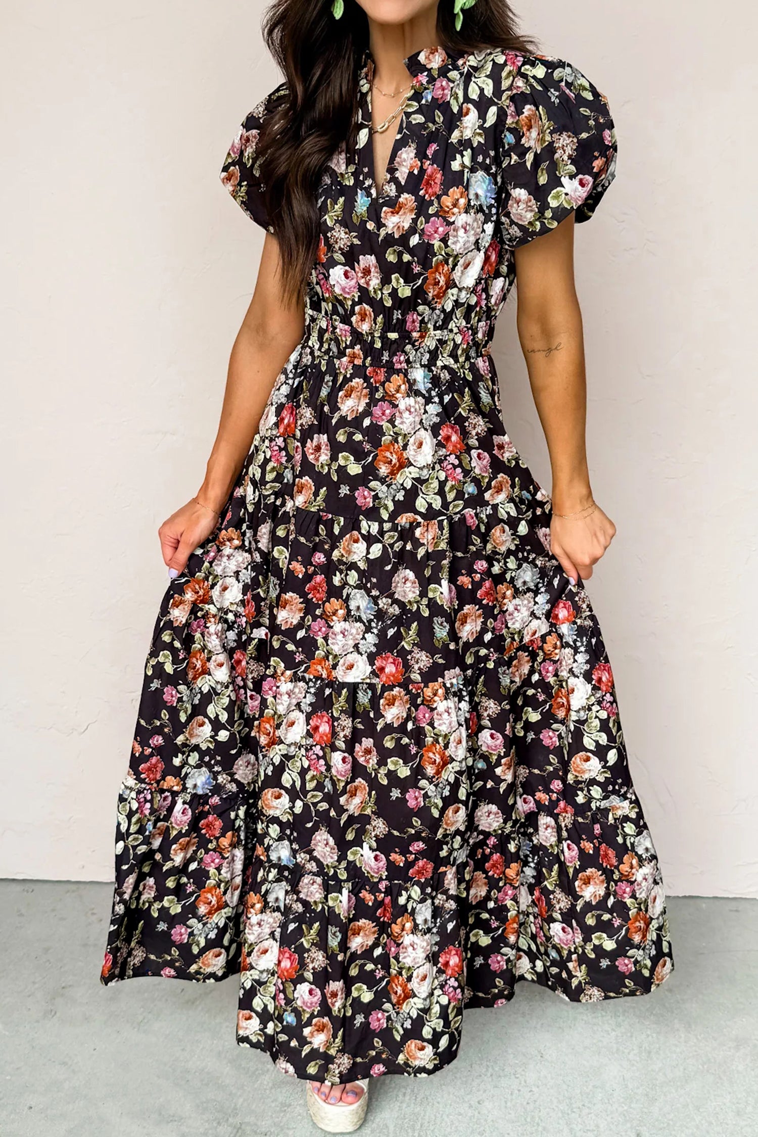 Black Floral Print V Neck Pleated Tiered Maxi Dress-TOPS / DRESSES-[Adult]-[Female]-2022 Online Blue Zone Planet