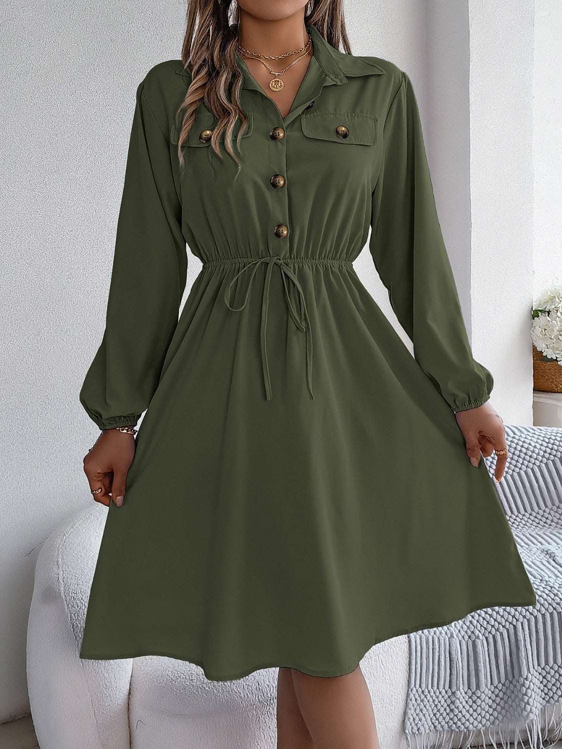 Blue Zone Planet | Collared Neck Long Sleeve Dress with Pockets-TOPS / DRESSES-[Adult]-[Female]-2022 Online Blue Zone Planet